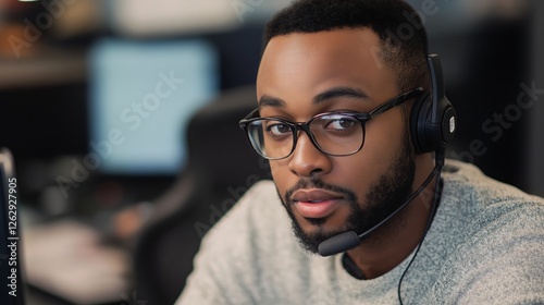 helpful customer service representative assisting a caller patiently over the phone in a call center