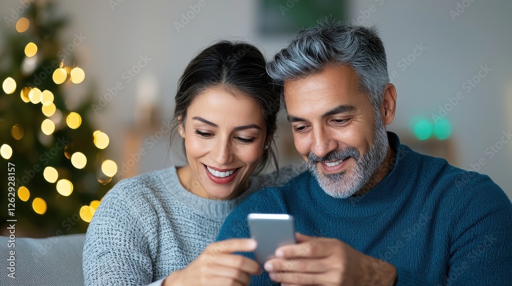Affectionate modern Indian couple sitting closely together and smiling on a cozy sofa in their living room surrounded by festive holiday decor and atmosphere Affectionate modern Indian couple sitting closely together and smiling on a cozy sofa in their living room surrounded by festive holiday decor and atmosphere