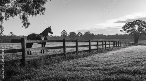 Silhouette of a beautiful proud horse standing behind a fence in a paddock on a farm. Farm animals. Black and white photo. Horse stable on a farmland 