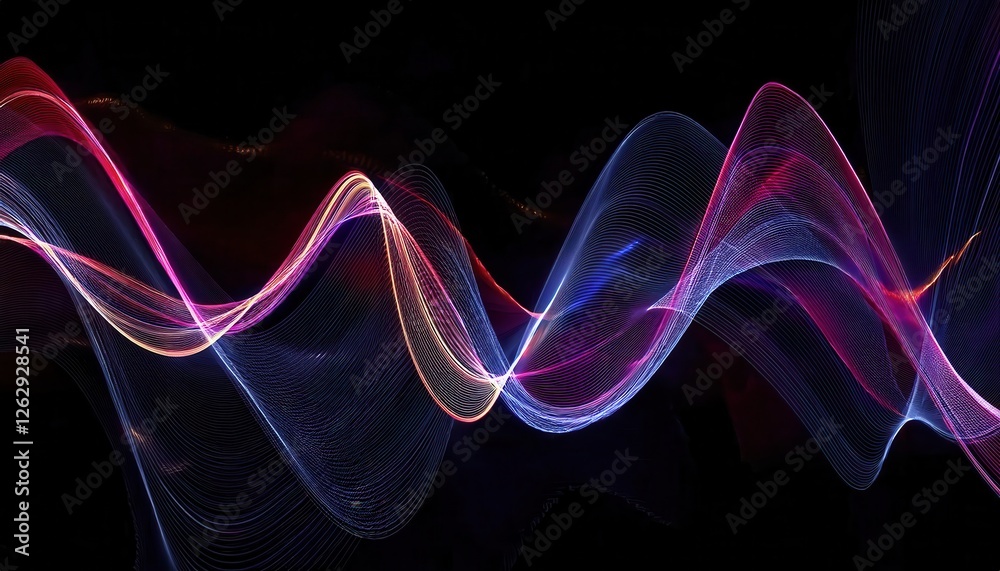 Obraz premium vibrant neon light wave pattern on black background, abstract energy flow with glowing curves for futuristic digital design