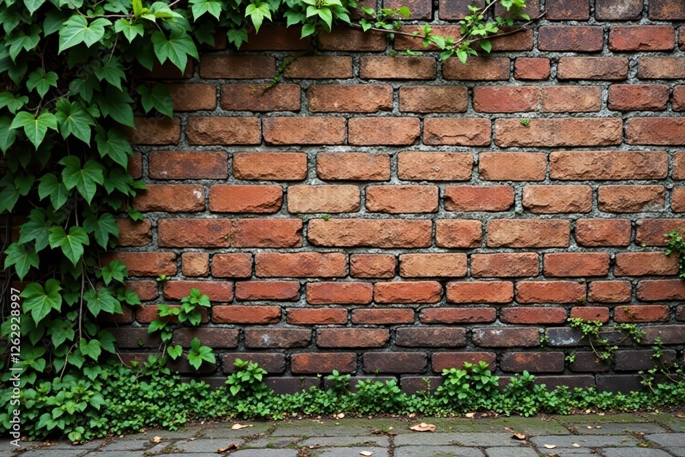 Ancient brick wall with vines growing through cracks, ancient, overgrown Ancient brick wall with vines growing through cracks, ancient, overgrown