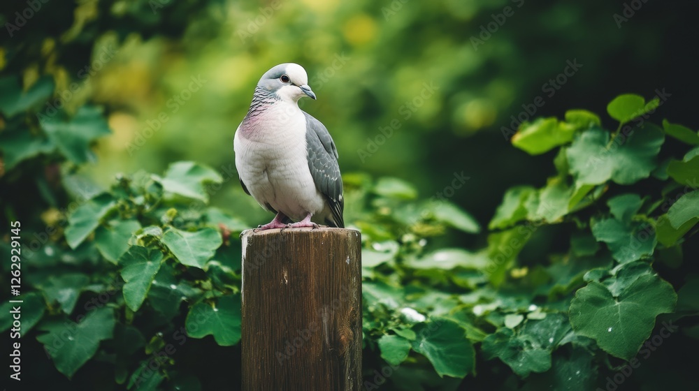 Obraz premium A bird is perched on a wooden post. The bird is white and gray. The background is green and has trees