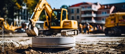 Construction site with excavators working on a sunny day, showcasing urban development photo