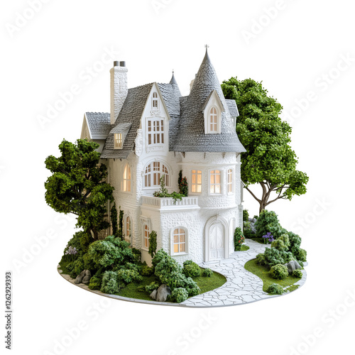 A charming, intricately designed house featuring turrets, large windows, and lush greenery surrounding its elegant structure.