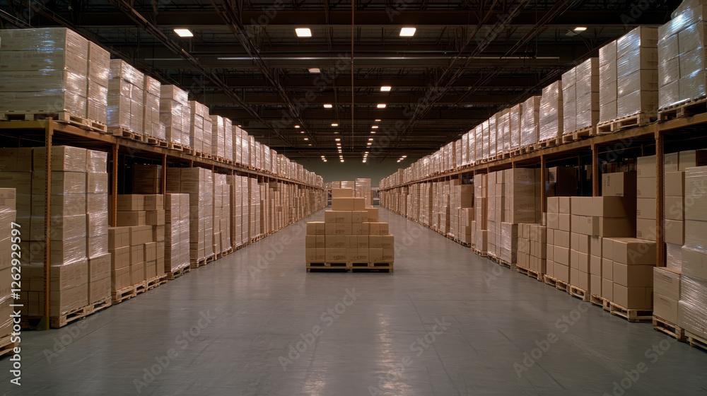 Large scale modern warehouse filled with stacked crates and pallets, showcasing organized storage and efficient logistics. spacious interior highlights systematic approach to inventory management Large scale modern warehouse filled with stacked crates and pallets, showcasing organized storage and efficient logistics. spacious interior highlights systematic approach to inventory management
