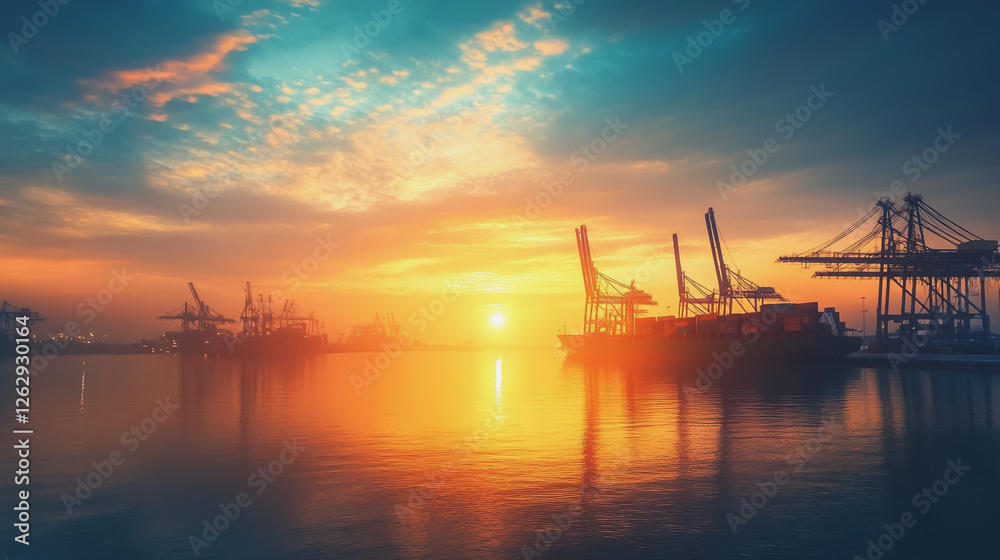 Container truck in ship port for business Logistics and transportation of Container Cargo ship and Cargo plane with working crane bridge in shipyard at sunrise, logistic import export and transport Container truck in ship port for business Logistics and transportation of Container Cargo ship and Cargo plane with working crane bridge in shipyard at sunrise, logistic import export and transport