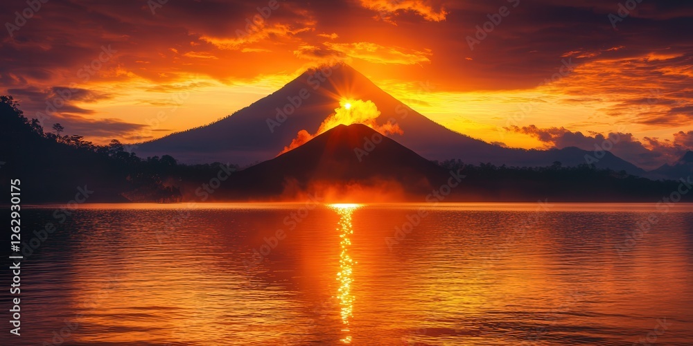 shimmer with the vibrant tones of the setting sun, as volcanoes create a dramatic silhouette against the twilight sky