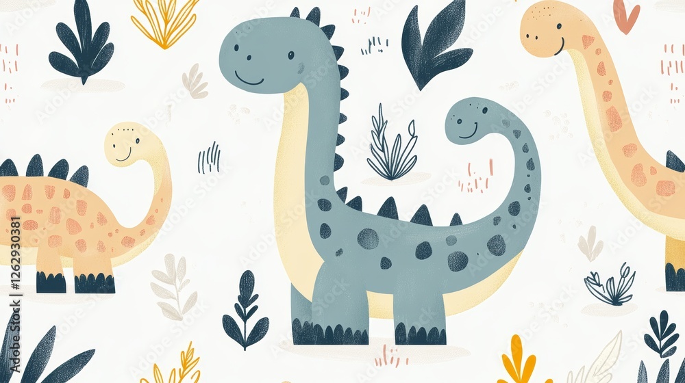Fototapeta premium Funny baby pattern with cute brachiosaurus, kids print, greeting card. Seamless background with prehistoric animals, cute vector texture for baby bedding, fabric, wallpaper, wrapping paper, textile, t