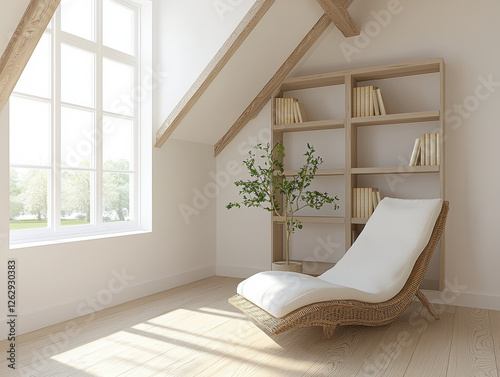 cozy attic reading nook with wicker chaise lounge, wooden bookshelf, and potted plant, bathed in natural light from large window