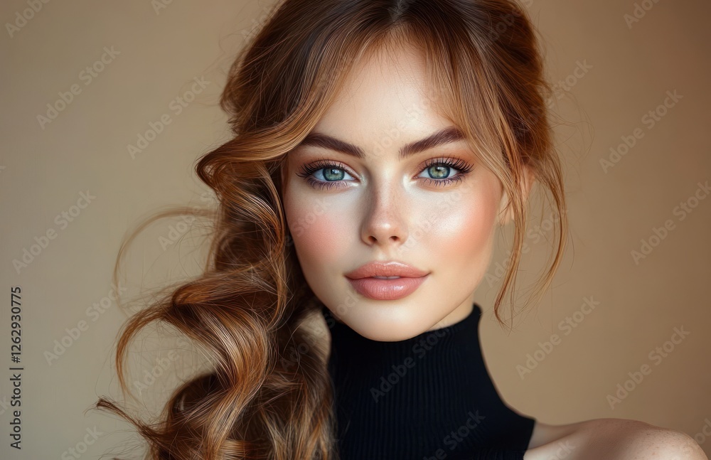 Fototapeta premium Elegant woman with wavy hair in trendy jewelry big earrings stylish fashion natural makeup portrait