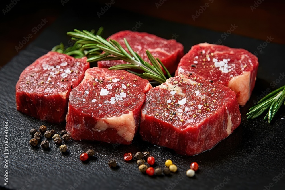 Raw beef filet mignon steaks with rosemary coarse salt and colorful peppercorns on dark slate surface Raw beef filet mignon steaks with rosemary coarse salt and colorful peppercorns on dark slate surface