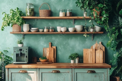 Cozy kitchen with wooden shelves displaying plants and tableware in a fresh green environment photo