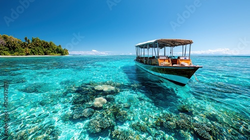 Fototapeta Naklejka Na Ścianę i Meble -  A glass bottom boat peacefully floating above a vibrant colorful coral reef in a tropical azure blue ocean setting