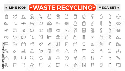 Waste Recycling outline icons. Garbage disposal. Trash separation, waste sorting with further recycling.Plastic bottle, biodegradable trash, junk truck, landfill, paper, glass, battery, conveyor.
