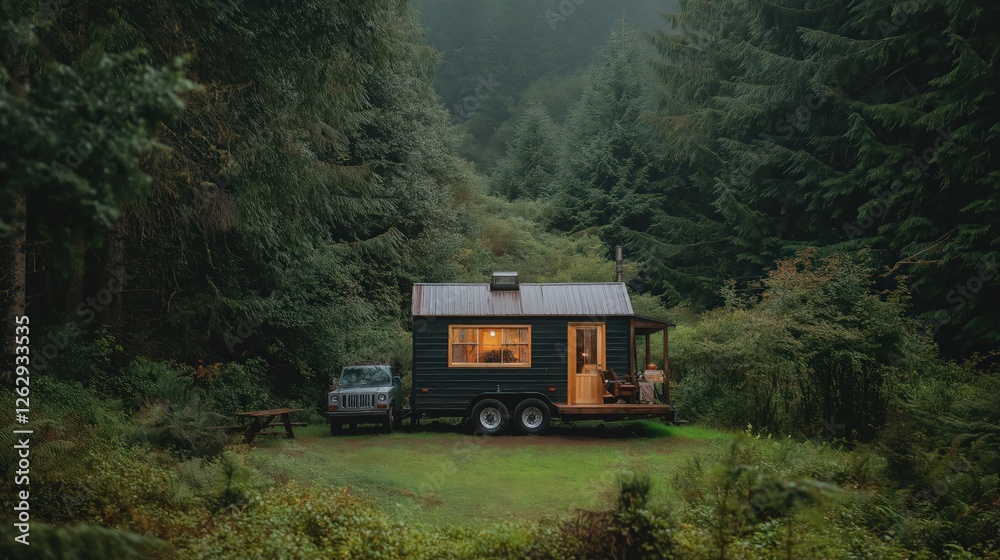 Fototapeta premium Dark Green Tiny House in Lush Forest Park