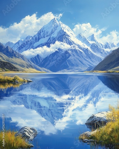 snowy peaks encircle a calm lake, their reflections shimmering like a dream against the backdrop of a brilliant blue sky