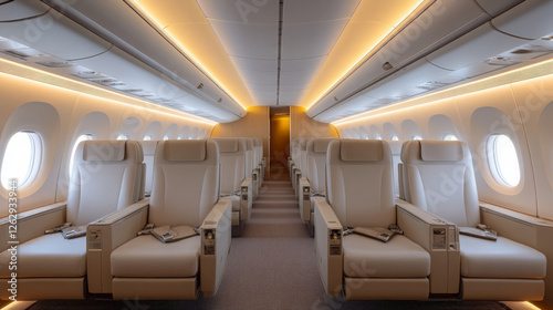 row of empty seats inside commercial airplane, showcasing spacious and modern design with soft lighting, creating calm and inviting atmosphere for travelers photo