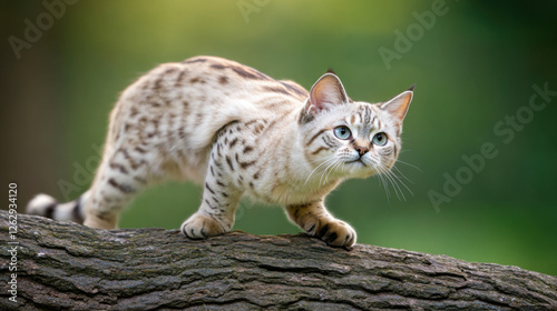 cat stretching its front legs on tree branch, showcasing its agility and grace in natural setting. feline striking blue eyes and spotted coat add to its charm photo