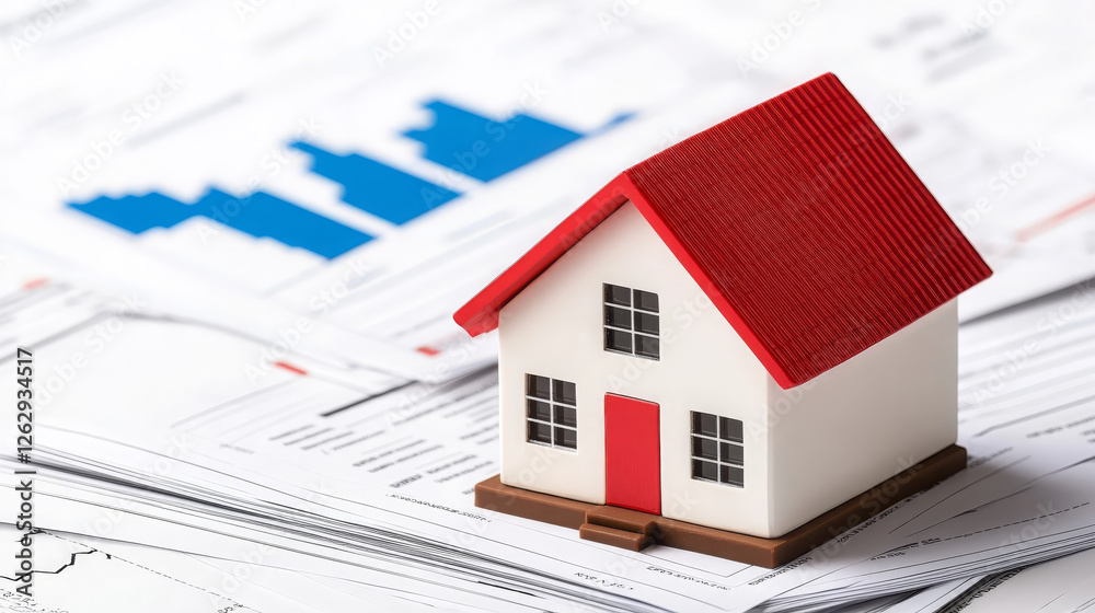 small house model with red roof placed on financial documents, symbolizing real estate investment and market analysis. scene conveys sense of planning and opportunity small house model with red roof placed on financial documents, symbolizing real estate investment and market analysis. scene conveys sense of planning and opportunity