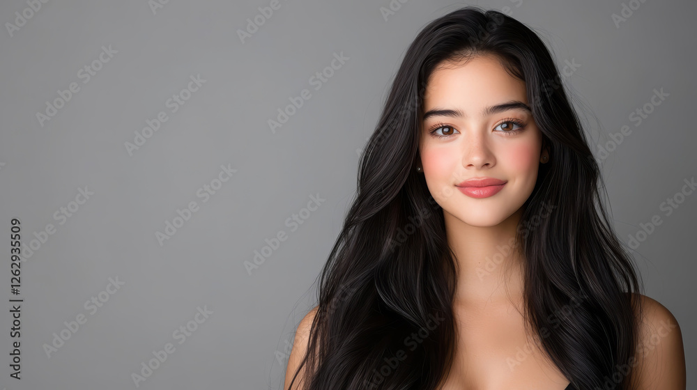stunning young woman with long, sleek black hair smiles warmly against neutral background, exuding confidence and grace. Her natural beauty captivates viewer stunning young woman with long, sleek black hair smiles warmly against neutral background, exuding confidence and grace. Her natural beauty captivates viewer