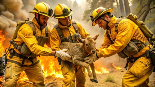 Firefighters rescuing a trapped animal from the wildfire zone in California