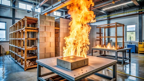 Fire-resistant building materials being tested in a laboratory