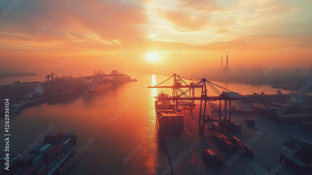 Container truck in ship port for business Logistics and transportation of Container Cargo ship and Cargo plane with working crane bridge in shipyard at sunrise, logistic import export and transport Container truck in ship port for business Logistics and transportation of Container Cargo ship and Cargo plane with working crane bridge in shipyard at sunrise, logistic import export and transport