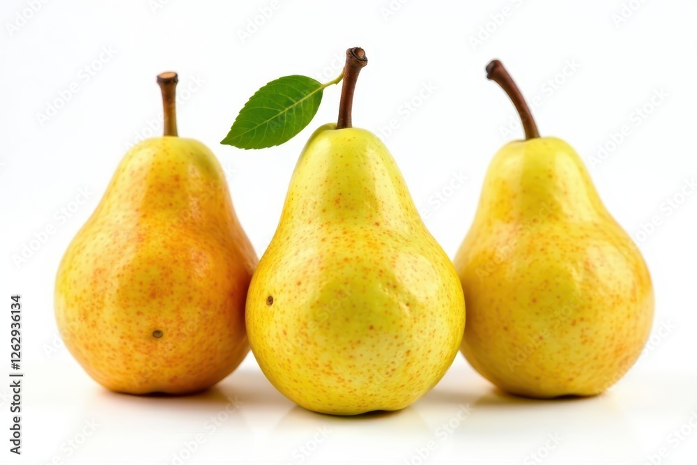 Cluster of three pears, varying ripeness, studio shot, bright, white