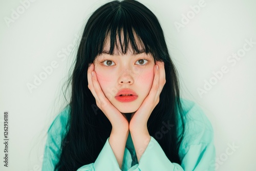 Woman portrait, soft focus, light teal shirt, thoughtful expression photo