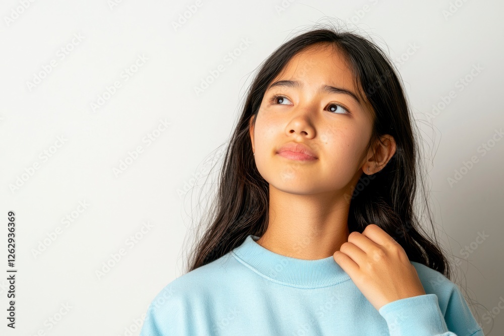 Teenage girl thoughtful pose against white background. Possible use Stock photo Teenage girl thoughtful pose against white background. Possible use Stock photo