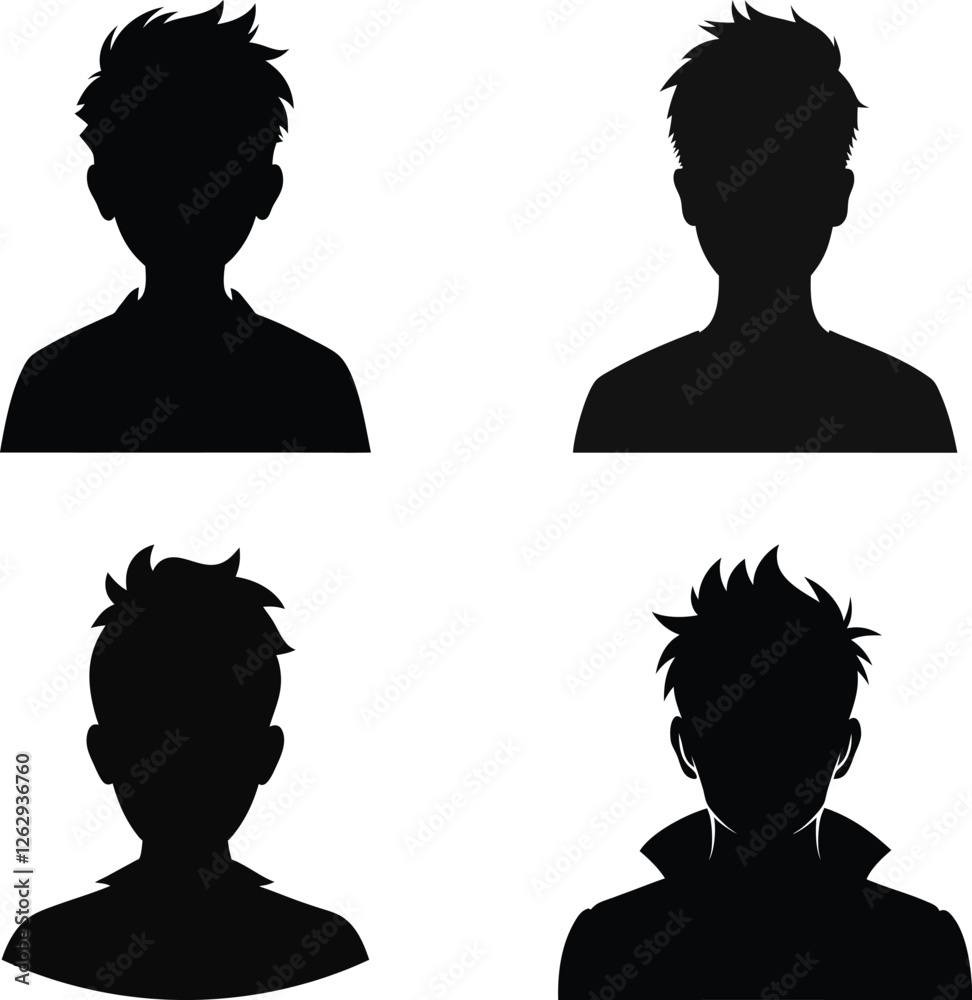 Set of Silhouette Young Man in Formal Attire. Black and White Cameo of a Stylish Male Figure collection. Faceless Man and Hair Illustration Art in Monochrome. Set of Silhouette Young Man in Formal Attire. Black and White Cameo of a Stylish Male Figure collection. Faceless Man and Hair Illustration Art in Monochrome.