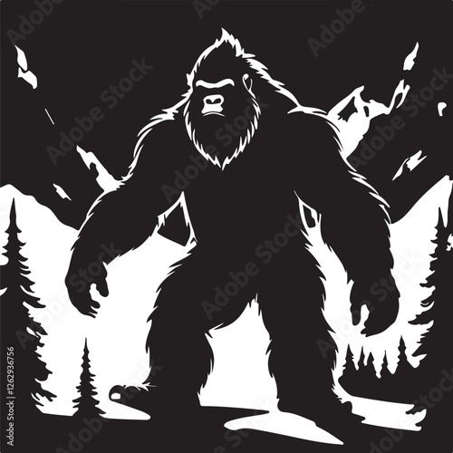 Giant Bigfoot Yeti silhouette vector illustration and black and white cartoon illustration of a big foot and black and white cartoon illustration