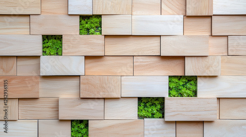 Minimalist wooden wall with green plants inlaid between blocks