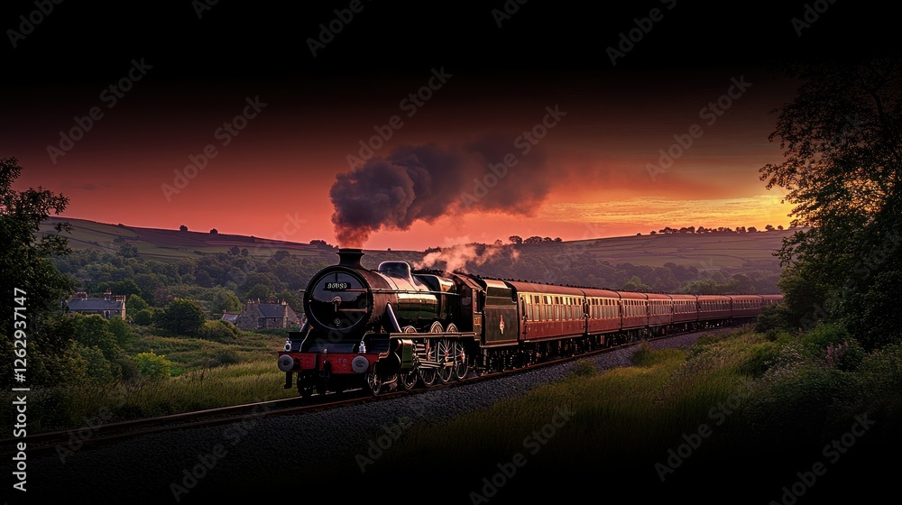 Obraz premium Sunset steam train journey, rural landscape, countryside travel