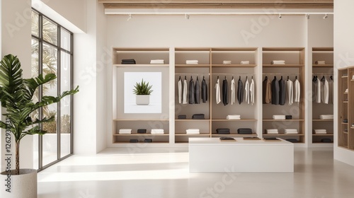 A minimalist and modern retail showroom featuring sleek clothing displays interactive decor and a clean