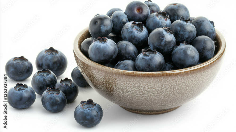 Rustic ceramic bowl filled with fresh ripe blueberries on a white background Rustic ceramic bowl filled with fresh ripe blueberries on a white background