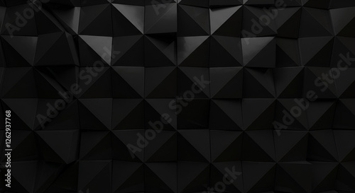 A modern 3D triangular tile wallpaper with polished, semi-gloss black blocks, creating a stylish geometric wall background.