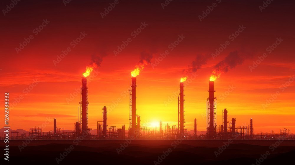 wide angle view of oil refinery plant at sunset, showcasing smokestacks emitting flames against vibrant orange sky. scene evokes sense of industrial power and energy production wide angle view of oil refinery plant at sunset, showcasing smokestacks emitting flames against vibrant orange sky. scene evokes sense of industrial power and energy production