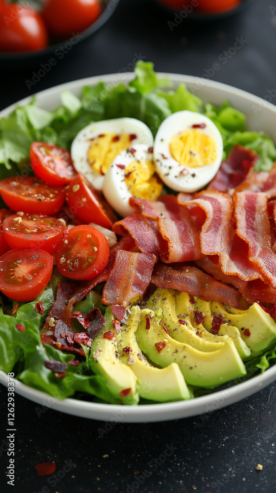 Healthy Salad with Bacon, Avocado, Cherry Tomatoes, and Boiled Eggs on a Black Background Healthy Salad with Bacon, Avocado, Cherry Tomatoes, and Boiled Eggs on a Black Background