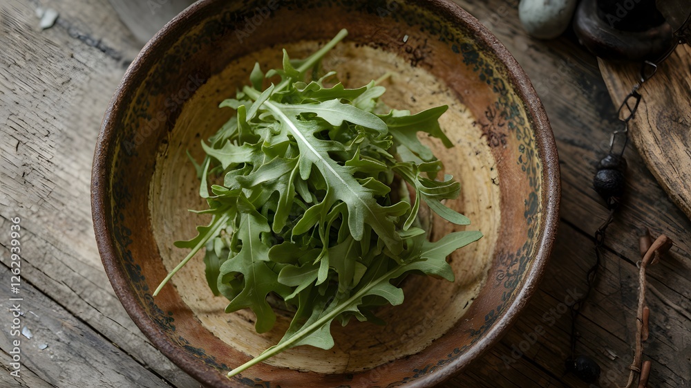 Arugula sprigs arranged in a rustic dish. Arugula sprigs arranged in a rustic dish.