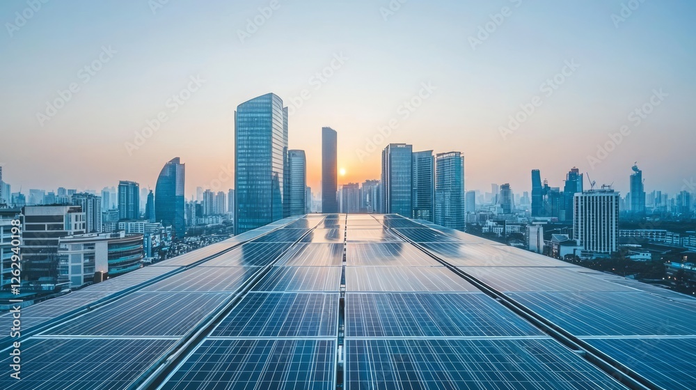 renewable energy green solar panel clean technology sustainable future. Solar Panels on Rooftop with City Skyline at Sunset for Sustainable Energy Generation Concept. renewable energy green solar panel clean technology sustainable future. Solar Panels on Rooftop with City Skyline at Sunset for Sustainable Energy Generation Concept.