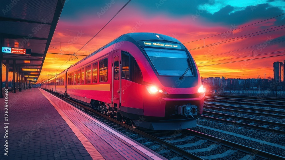 Naklejka premium Sunset Train Departure City Station Platform
