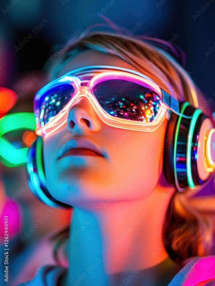 Young Woman Enjoys Music with Neon Headphones and Colorful Glasses