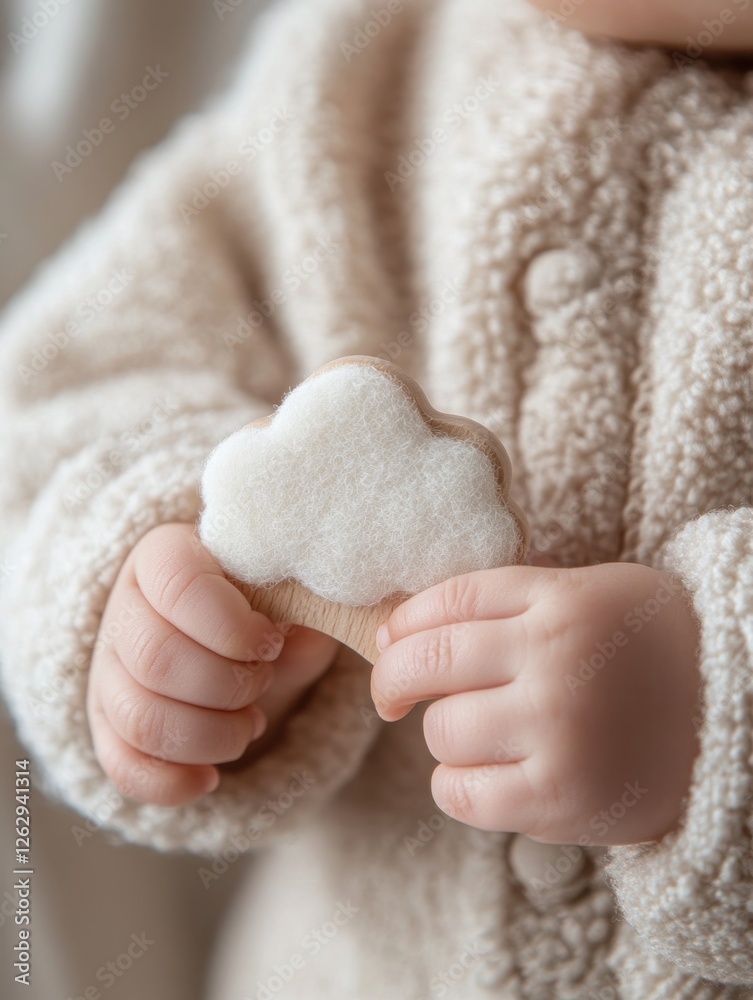 Babys hand holding soft cloud toy in warm cozy setting
