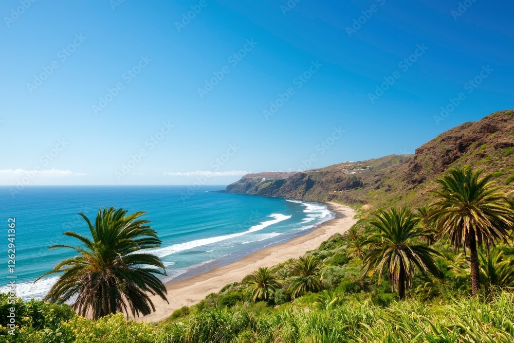 Obraz premium Coastal Beach View with Palm Trees. Scenic Tropical Beach with Waves. Possible Use Vacation Stock Image