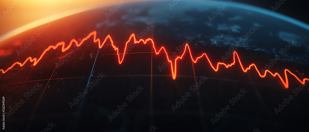 Fototapeta premium Digital graph with orange line on globe background representing global data trends and technology analysis.