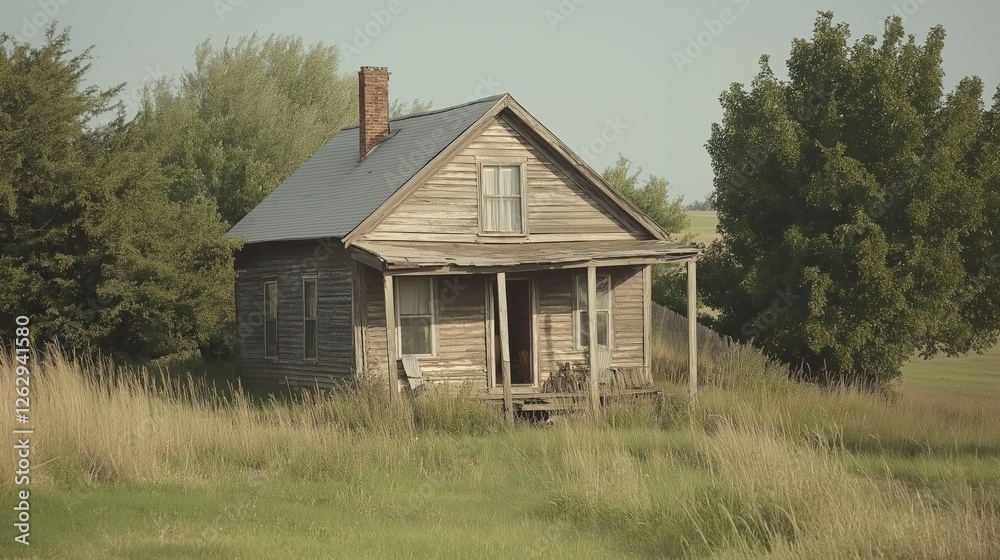 Weathered Rustic House In Overgrown Field; Quiet Solitude and Tranquility; Outdoor Architecture with Weathered Rustic House In Overgrown Field; Quiet Solitude and Tranquility; Outdoor Architecture with