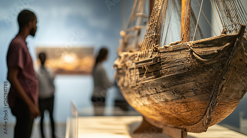 A close-up of an old slave ship model displayed in a museum, with visitors reflecting solemnly, symbolizing the unimaginable suffering endured by millions during the forced transatlantic journey