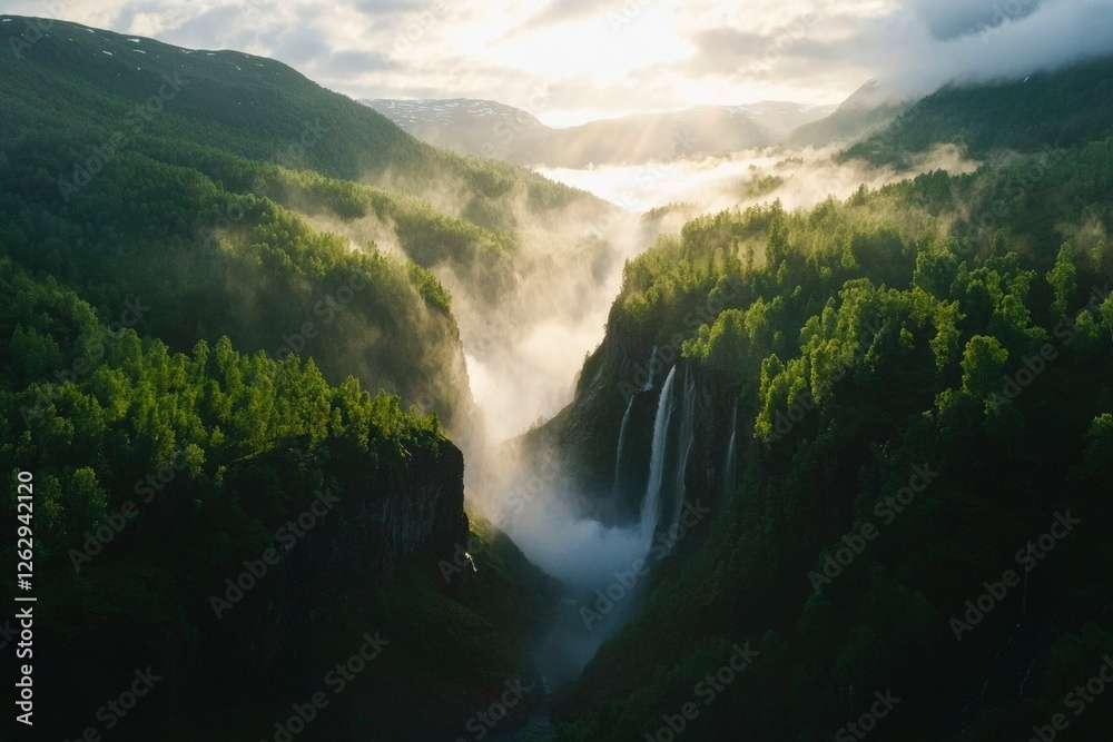 Fototapeta premium Mountain valley waterfall sunrise misty landscape