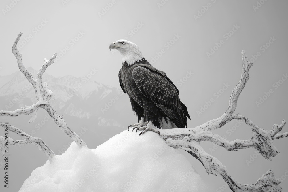 Fototapeta premium A majestic bald eagle perches on a snow-covered branch, overlooking a misty mountain range.